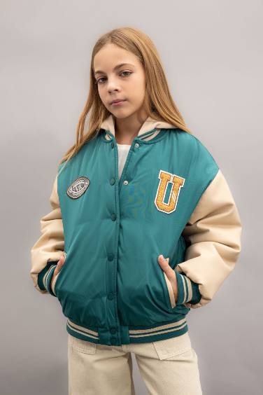 Girl Removable Hooded College Collar Bomber Jacket