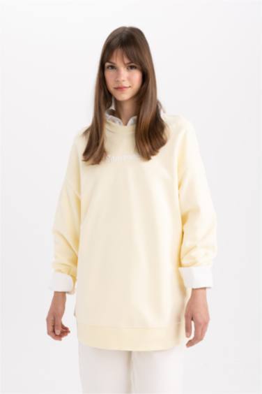 Crew Neck Back Printed Soft Fluffy Thick Sweatshirt Tunic