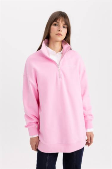 Regular Fit Thick Sweatshirt Fabric Polo Collar Slogan Pattern Sweat Tunic