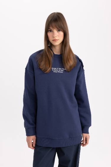 Regular Fit Bisiklet Yaka Baskılı İçi Yumuşak Tüylü Kalın Sweatshirt Tunik