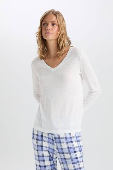 Pijama Takımı V Yaka Uzun Kollu Basic Düz Üst Kareli Beli Lastikli Alt-Fall in Love