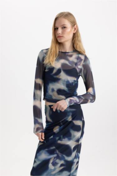 Slim Fit Crew Neck Printed Tulle Long Sleeve T-Shirt