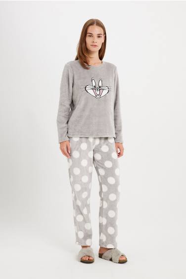 Fall in Love Looney Tunes Pijama Takım Welsoft Pelüş Bisiklet Yaka Uzun Kollu Üst Desenli Alt