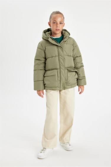 Kız Çocuk Su Geçirmez Şişme Mont Kapüşonlu Polar Astarlı Fermuarlı Cepli