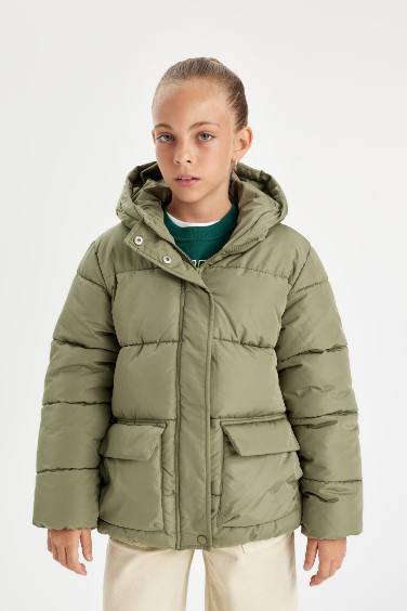 Kız Çocuk Su Geçirmez Şişme Mont Kapüşonlu Polar Astarlı Fermuarlı Cepli