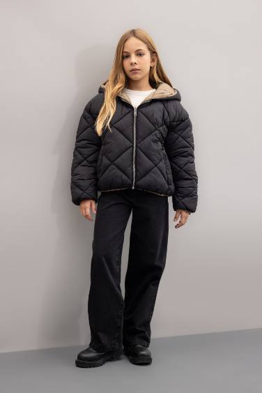 Kız Çocuk Su Geçirmez Çift Taraflı Kapüşonlu Kapitoneli Fermuarlı Cepli Şişme Mont