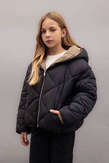 Kız Çocuk Su Geçirmez Çift Taraflı Kapüşonlu Kapitoneli Fermuarlı Cepli Şişme Mont