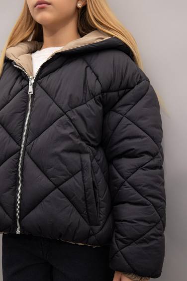 Kız Çocuk Su Geçirmez Çift Taraflı Kapüşonlu Kapitoneli Fermuarlı Cepli Şişme Mont