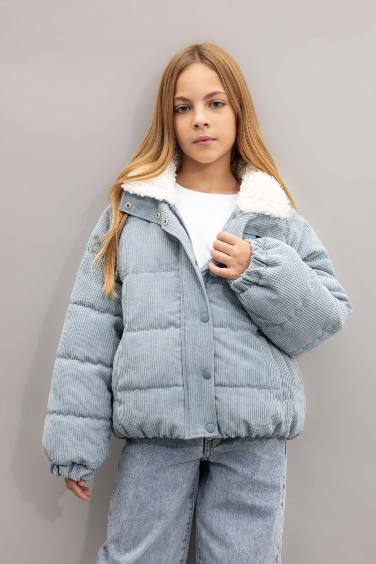 Girl Faux Fur Collar Zippered Velvet Puffer Jacket