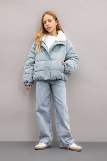 Girl Faux Fur Collar Zippered Velvet Puffer Jacket