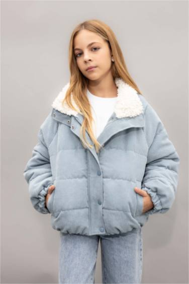 Girl Faux Fur Collar Zippered Velvet Puffer Jacket