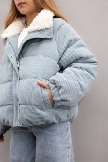 Girl Faux Fur Collar Zippered Velvet Puffer Jacket