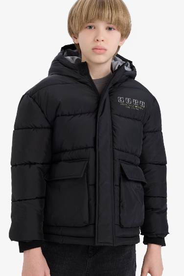 Boy Hooded Water Repellent Printed Hooded Puffer Jacket