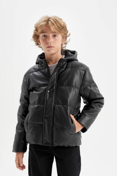 Boy Waterproof Hooded Faux Leather Jacket