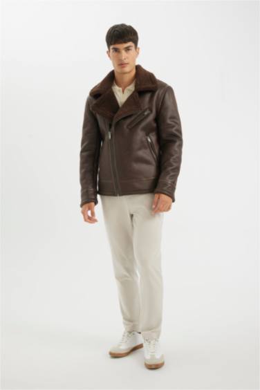 Slim Fit Dar Kesim Suni Kürk Astarlı Fermuarlı Cepli Süet Deri Kışlık Ceket Mont