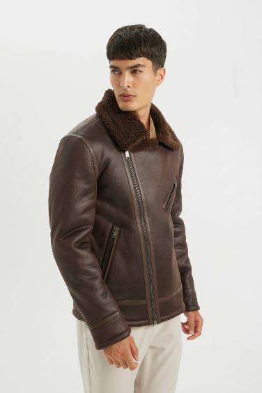 Slim Fit Dar Kesim Suni Kürk Astarlı Fermuarlı Cepli Süet Deri Kışlık Ceket Mont