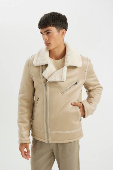 Slim Fit Dar Kesim Suni Kürk Astarlı Fermuarlı Cepli Süet Deri Kışlık Ceket Mont