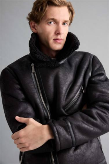 Куртка зимняя из замши, с искусственным мехом Slim Fit с карманами на молнии