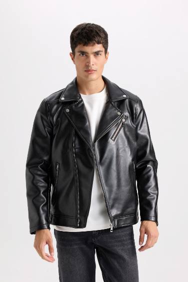 Slim Fit Lined Faux Leather Faux Leather Jacket