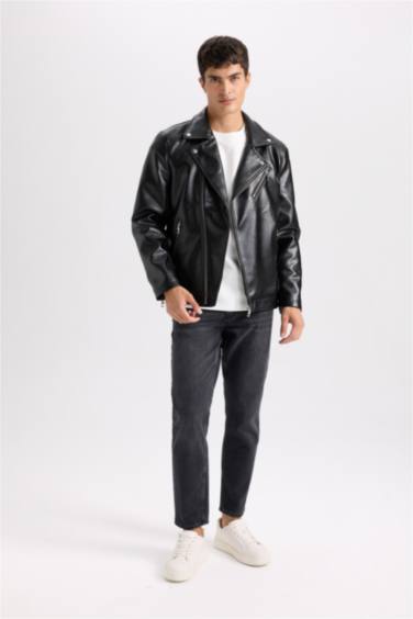 جاكيت جلد صناعي سليم فيت بياقة بولو مبطن