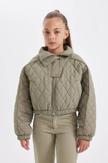 Girl Waterproof Stand Collar Quilted Elastic Waist Puffer Jacket