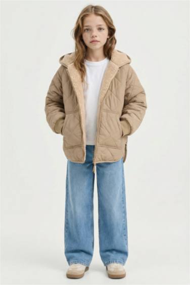 Kız Çocuk Çift Taraflı Kapüşonlu Fermuarlı Kapitoneli Mont