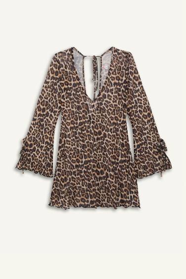 Regular Fit Leopar Desenli Tül Plaj Elbisesi-Fall in Love