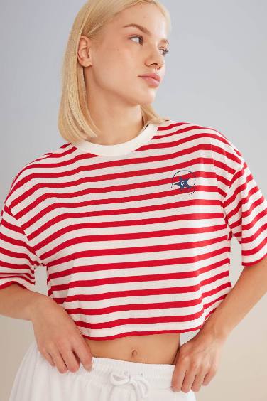 DeFactoFit Crew Neck Striped Crop Top T-Shirt