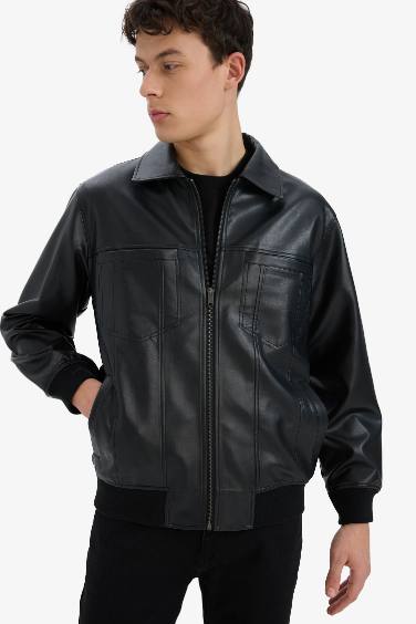 Regular Fit Shirt Collar Zippered Faux Leather Jacket