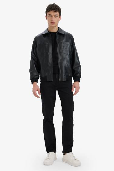 Regular Fit Shirt Collar Zippered Faux Leather Jacket