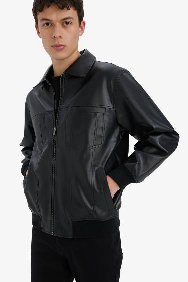 Regular Fit Shirt Collar Zippered Faux Leather Jacket