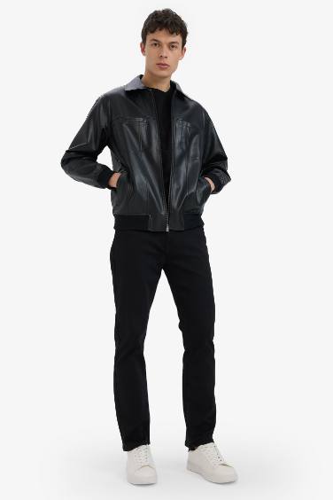 Regular Fit Shirt Collar Zippered Faux Leather Jacket