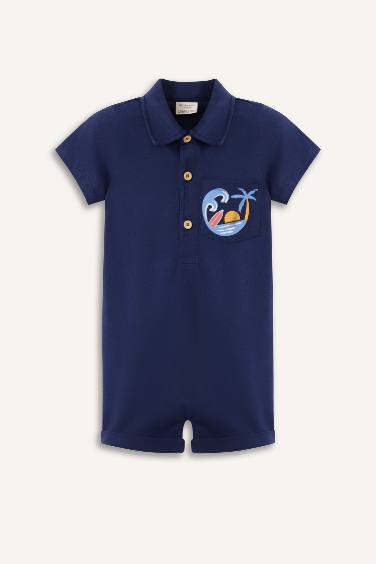 Erkek Bebek Polo Yaka Palmiye Desenli Kısa Kollu Tulum