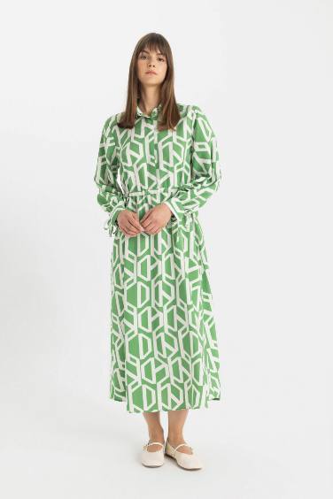 Shirt Collar Patterned Poplin Maxi Dress