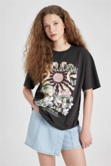 T-Shirt Coupe Relax Imprimé Col Rond à Manches Courtes