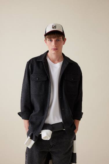 Relax Fit Akrilik Karışımlı Basic Düz Uzun Kollu Gömlek Ceket