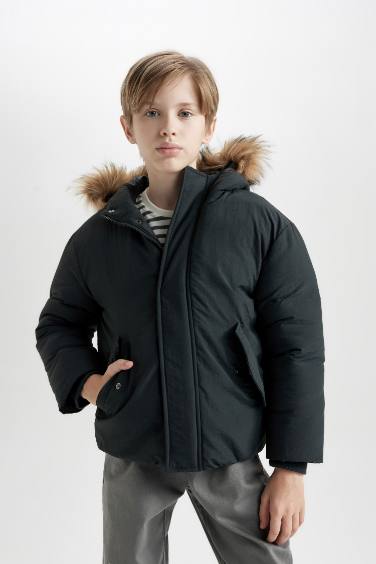 Boy Removable Faux Fur Collar Hooded Jacket