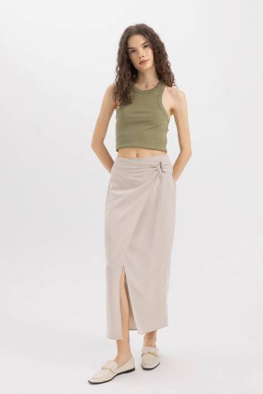 A Line Linen Blended Normal Waist Maxi Skirt