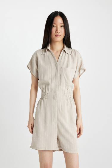 Shirt Collar Linen Short Sleeve Striped Jumpsuit