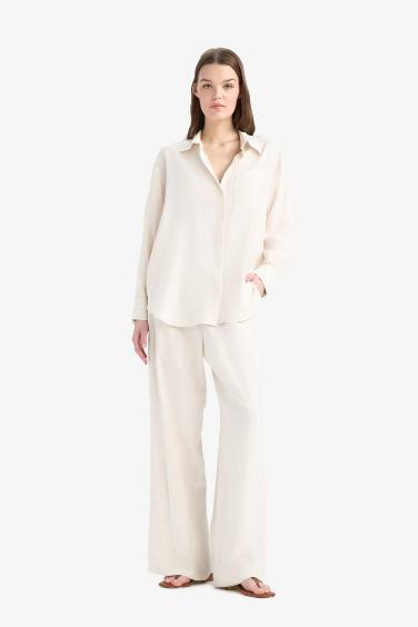 Wide Leg Double Pocket Striped Linen Blended Trousers