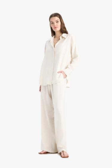 Wide Leg Double Pocket Striped Linen Blended Trousers