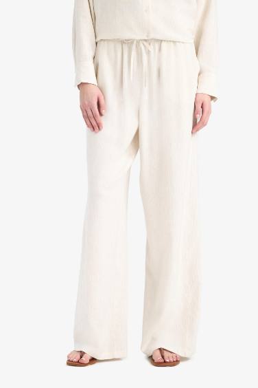 Wide Leg Double Pocket Striped Linen Blended Trousers