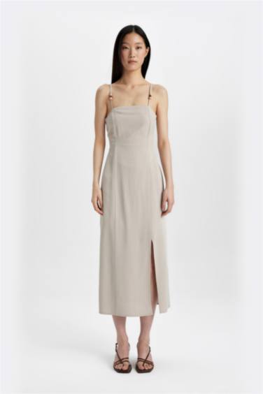 Slit Fit Square Neck Slit Linen Strap Dress