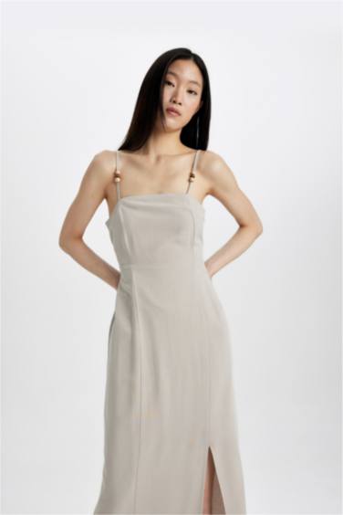 Slit Fit Square Neck Slit Linen Strap Dress