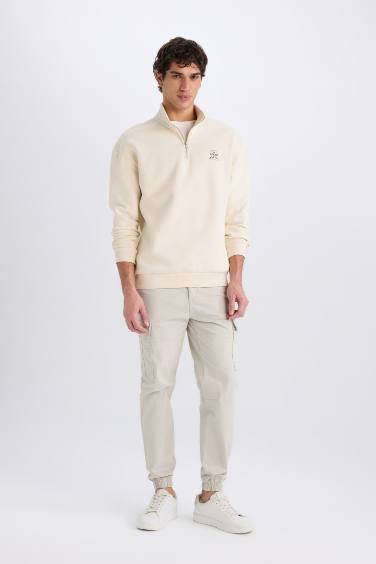 Comfort Regular Fit Rahat Kalıp Fermuarlı Dik Yaka Baskılı Sweatshirt