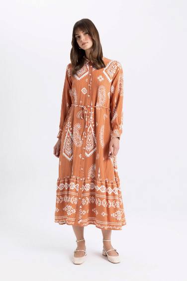 Shirt Collar Patterned Long Sleeve Maxi Dress