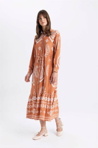 Shirt Collar Patterned Long Sleeve Maxi Dress
