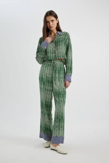 Wide Leg Patterned High Waist Long Trousers