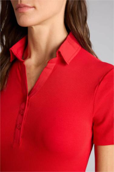 Slım Fıt Polo Yaka Fitilli Kaşkorse Tişört - Görsel 4