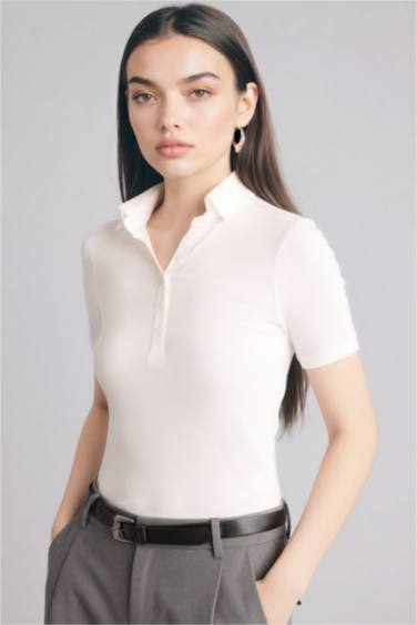 Slım Fıt Polo Yaka Fitilli Kaşkorse Tişört - Görsel 3